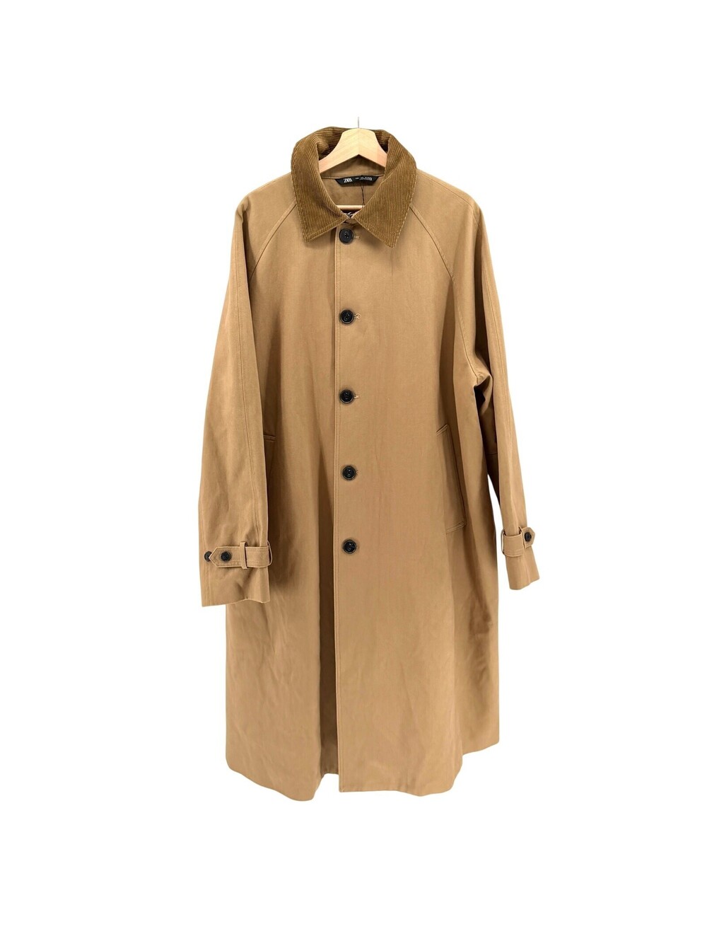 Zara Tan 100% Cotton Twill Corduroy Collar Trench Coat